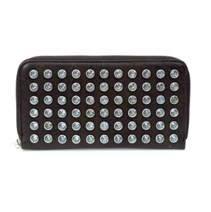 Hot Double Zipper Entry Faux Leather Wallet w/ Rhinestone Decoration and Wrislet Handle